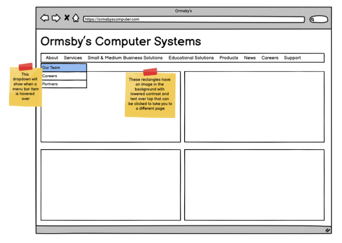 wireframe mockup of the desktop view of the new site